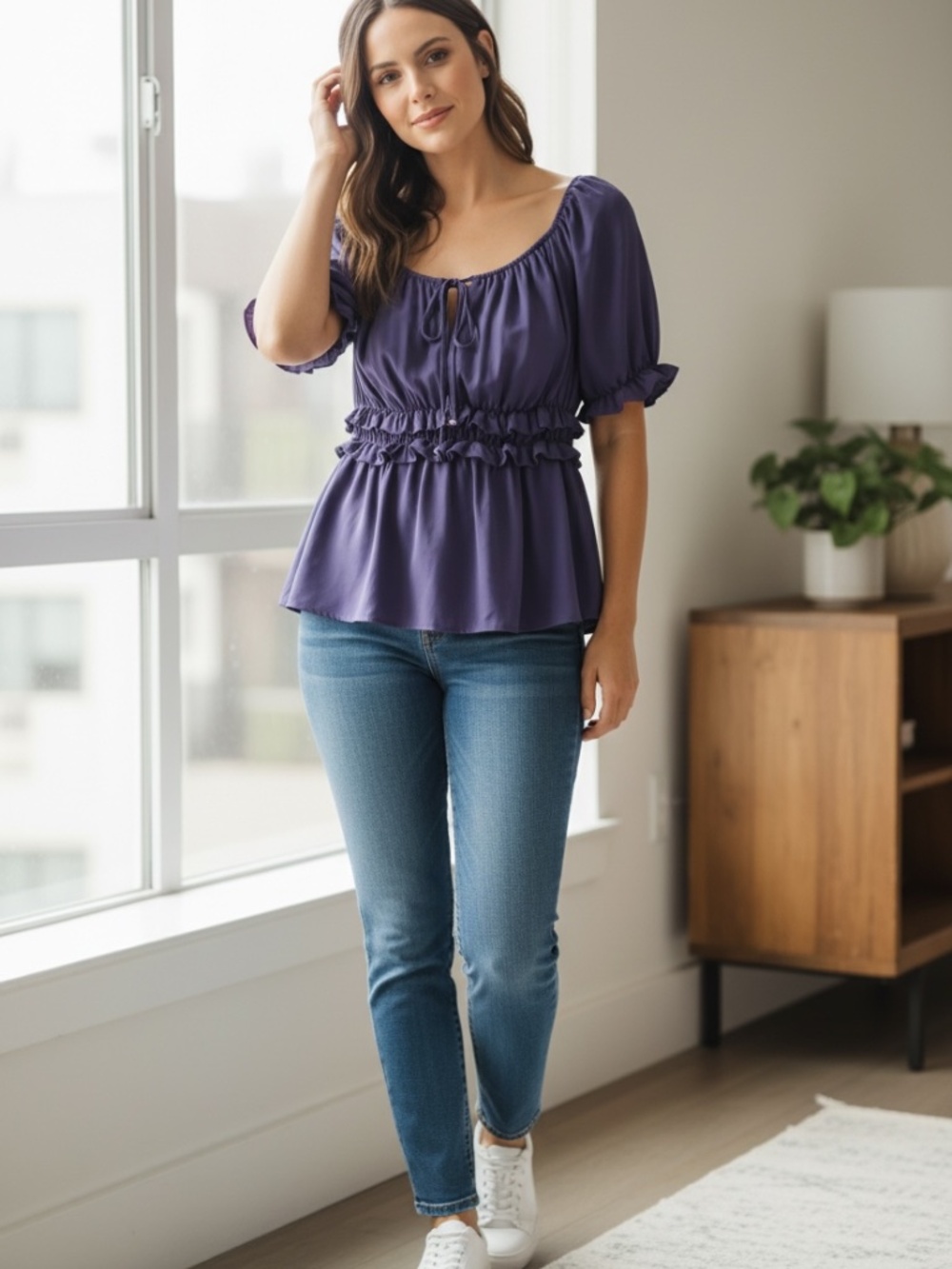 HD in Paris Anthro Navy Blue Short Sleeve Ruffle Peplum Peasant Blouse Size 8